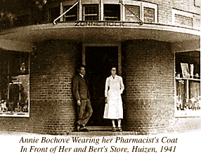 my grandparents bert and annie bochove in front of their drugstore in world war 2